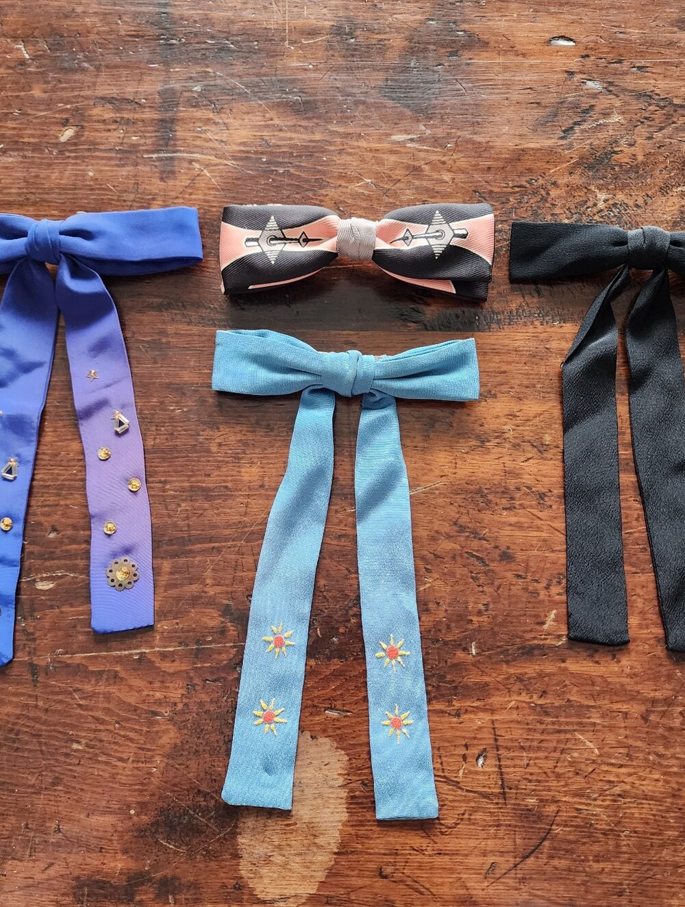 Vintage lot of 4 Bow Ties Long Tails Painted Beaded Stars Handmade Swing Dance